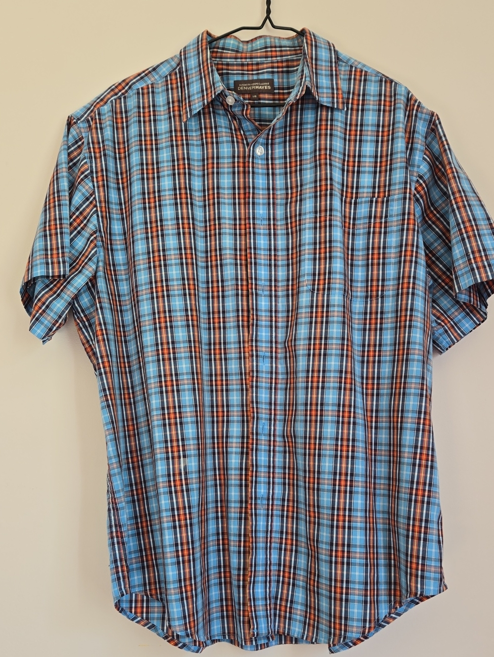 Denver Hayes Blue and Brown Plaid Short Sleeve Button-Down Soft Cotton Blend L
